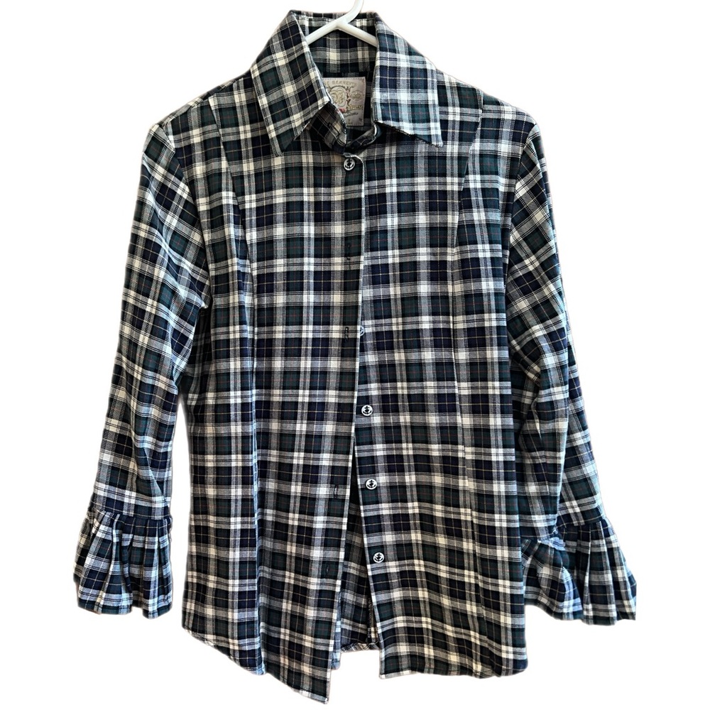 Alicia Bell Green Plaid Blouse with Pleated Bell Sleeves and Elbow Patches - 4